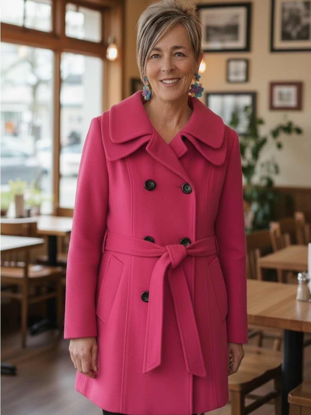 Solid Red Women's Double-Breasted Red Wool Belted Coat